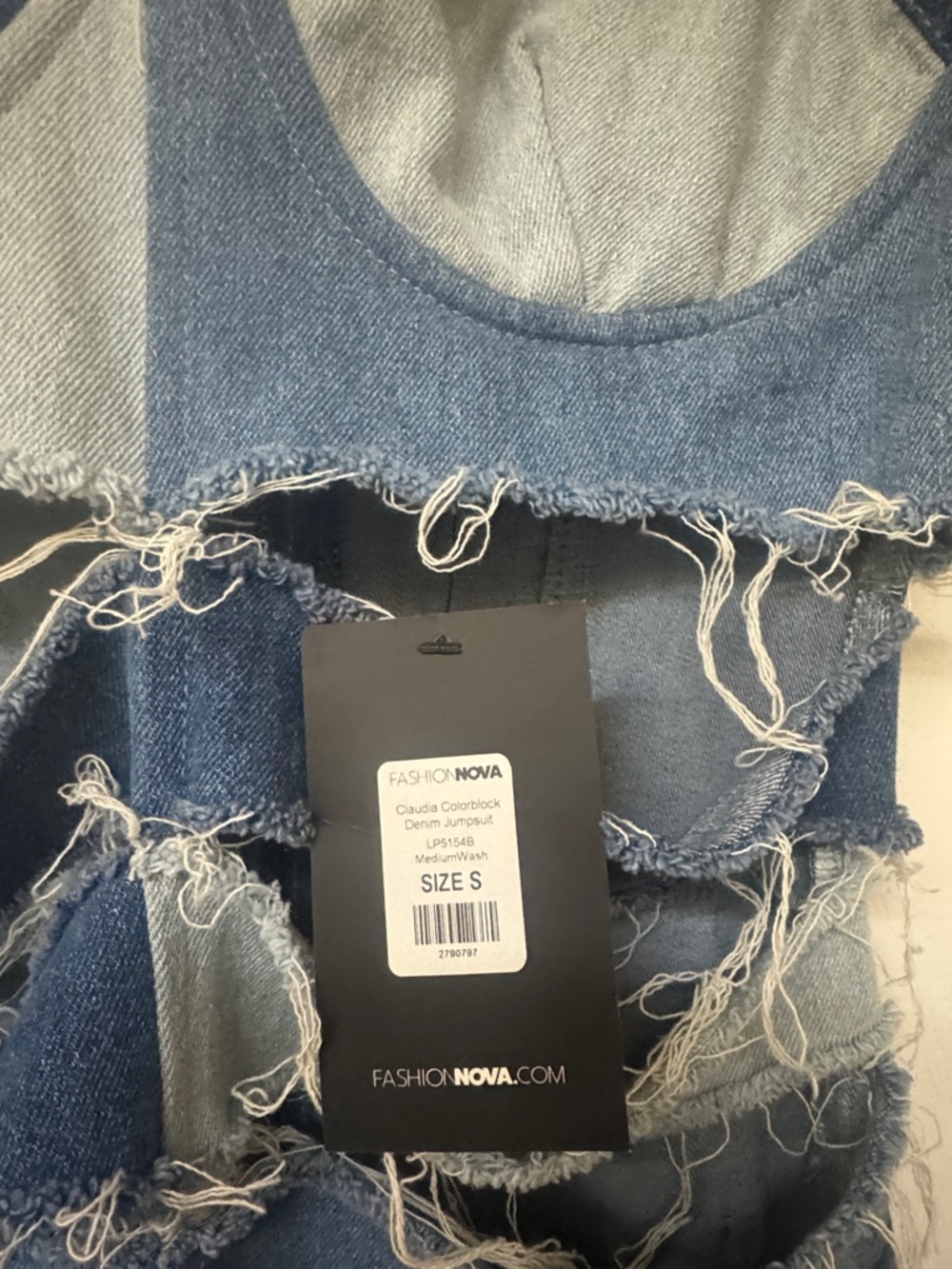 Fashion Nova Two-Tone Blue Patchwork Distressed Flare Jumpsuit - Picture 2 of 5
